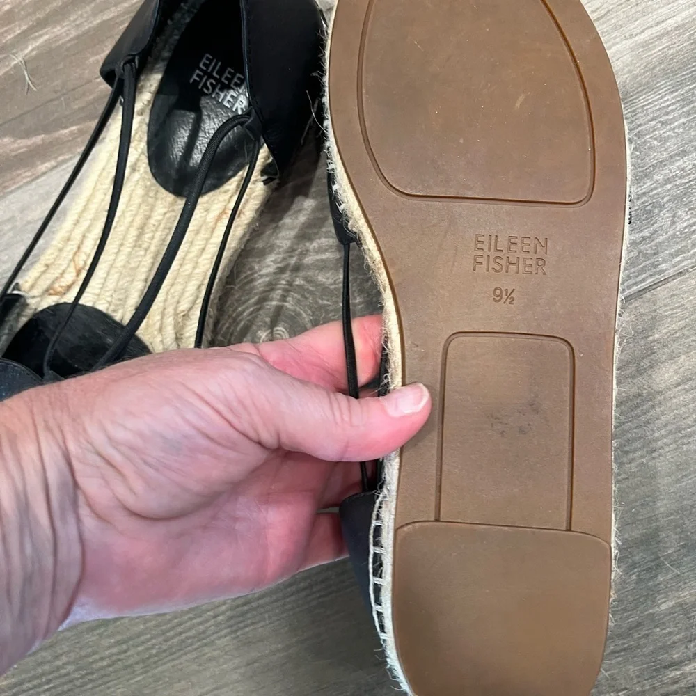 EILEEN FISHER Black Lee d'Orsay Flat Leather Espadrille Sandal 9.5M